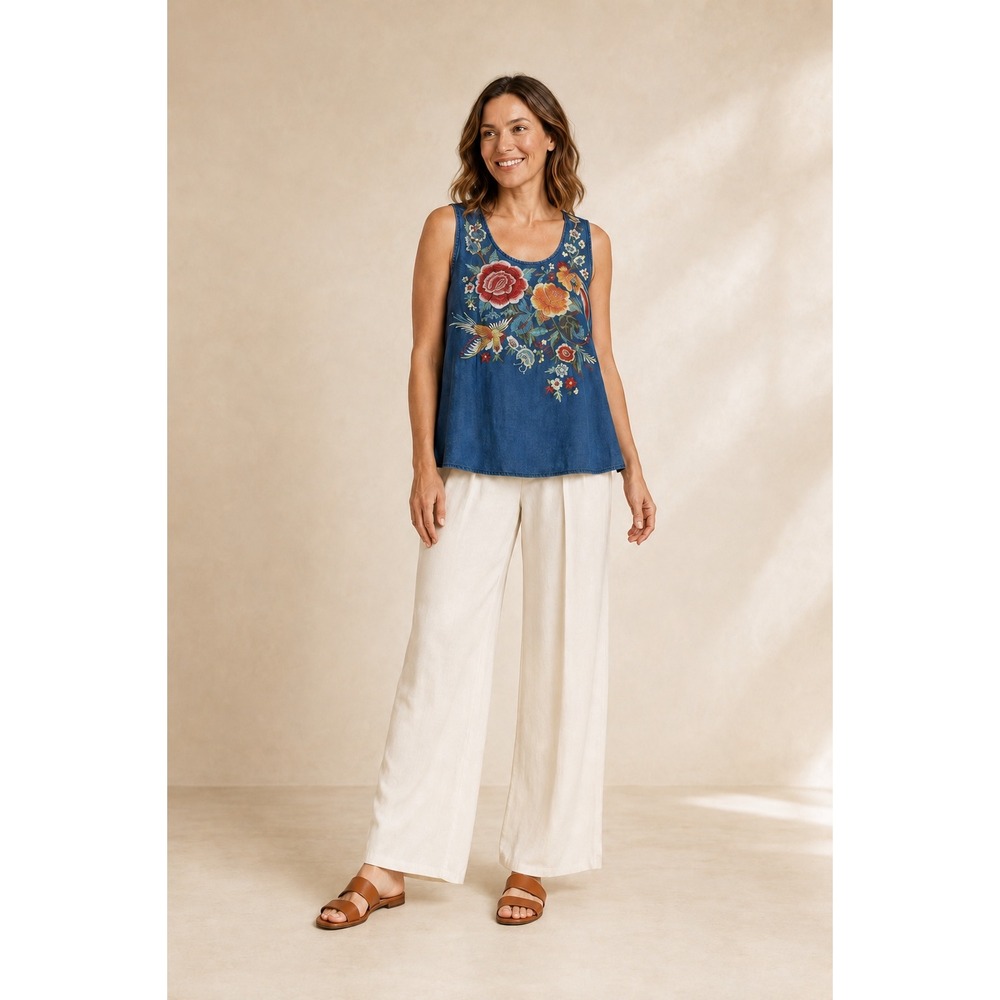 Johnny Was Linen Tank Top M Embroidered Birds Floral Teal Blue Boho Tunic
